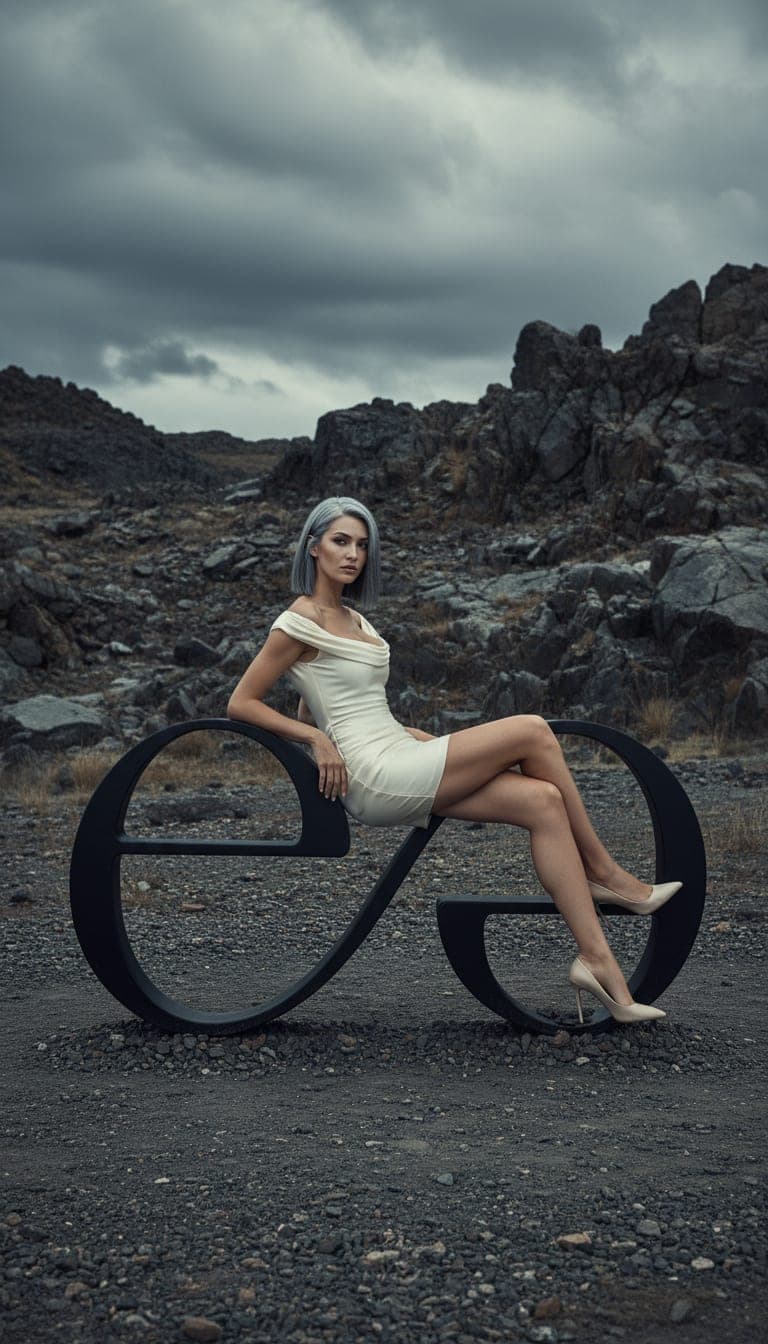 The fashion model is sitting on the left edge of t