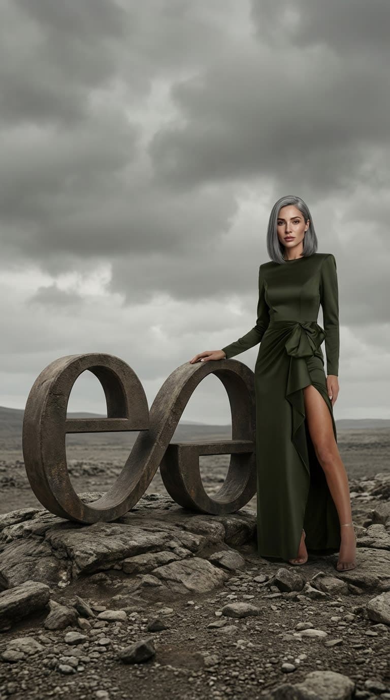 The fashion model is standing on the right side of